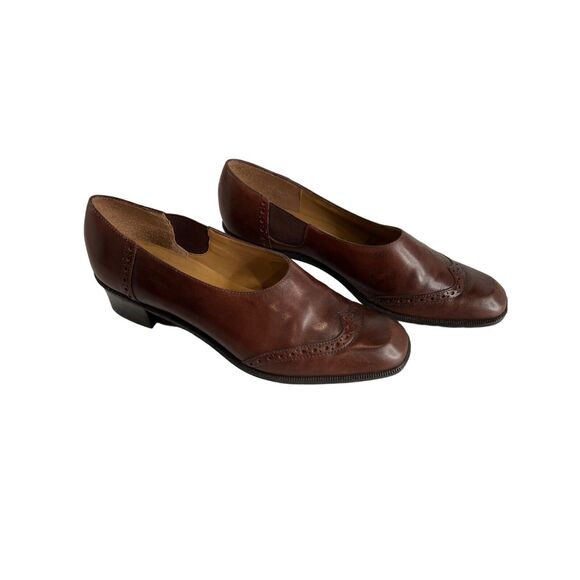 Vintage Unisa Brown Leather Brogue Slip-On Heels Classic Classy Capsule 80s 90s - Picture 1 of 11